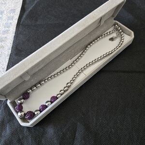 Silver Bead Necklace with Purple Crystal Accent